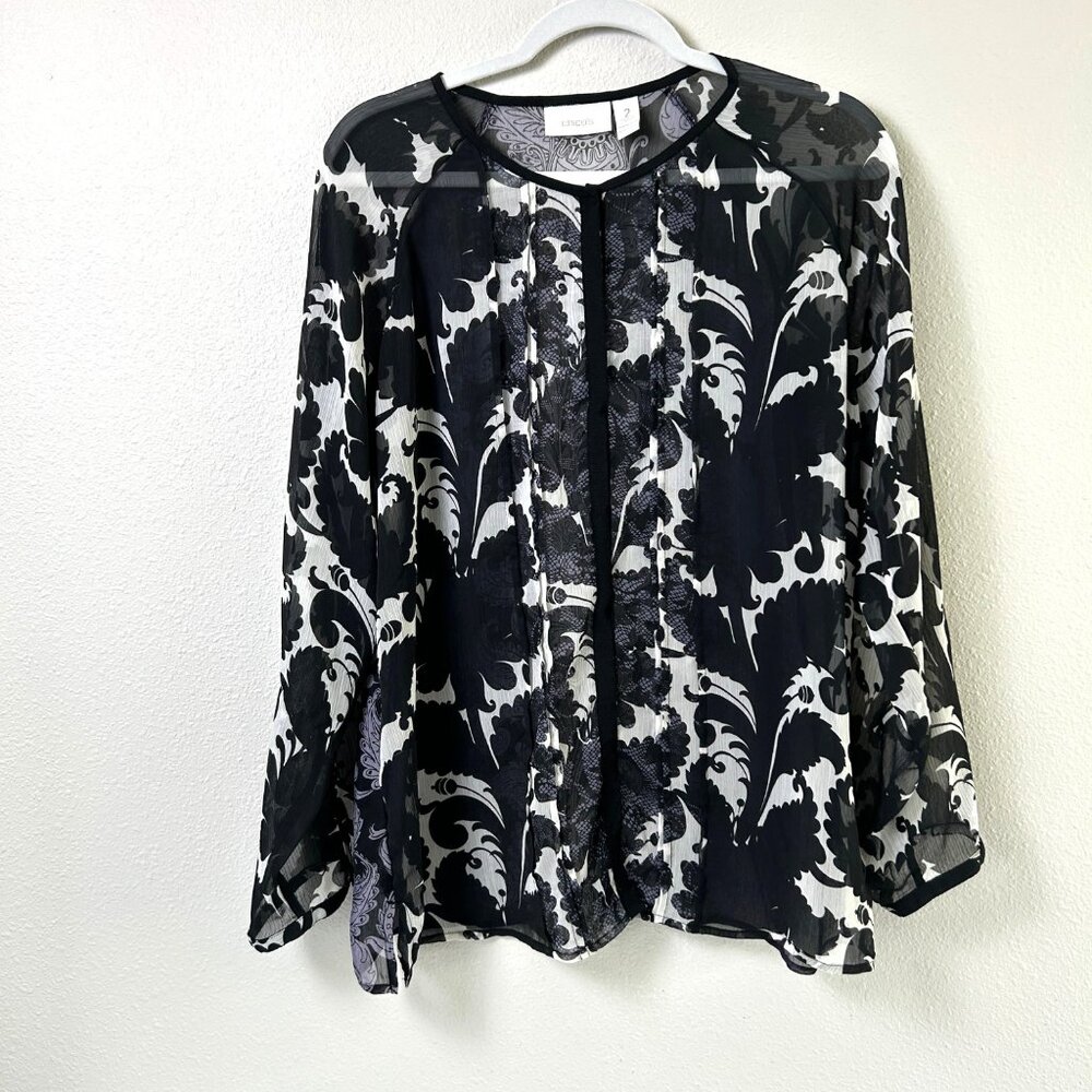Chicos‎ Sheer Top Size L 2 Black Purple White Floral Long Sleeve Snap Closure